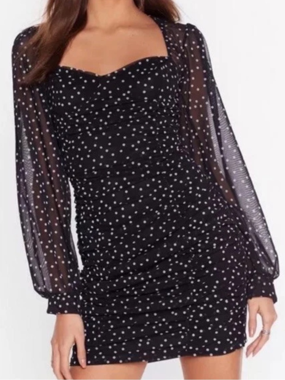Nasty Gal Black Polka Dot Ruched Mini Dress